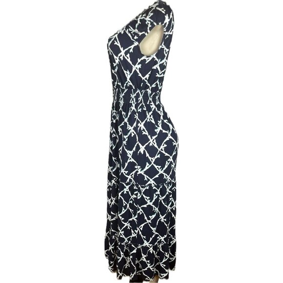 Croft & Barrow M Navy Print Shirred Scoop Neck Ruffle Tier Cap Sleeve Maxi Dress - Picture 5 of 6